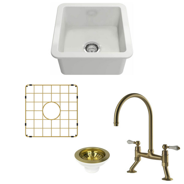 Turner Hastings Cuisine 46 Sink Pack with Brushed Brass Ludlow Bridge Mixer Tap and Accessories PKG044
