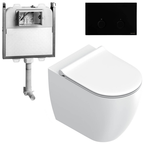 Catalano Sfera Wall Faced Toilet Suite With Slim Seat Matte White - Includes Rogerseller Cistern & Flushplate Matte Black SFERAWFSMWMB