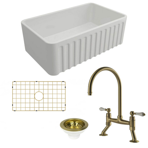 Turner Hastings Novi 75 Butler Sink Pack with Brushed Brass Ludlow Bridge Mixer Tap and Accessories PKG020