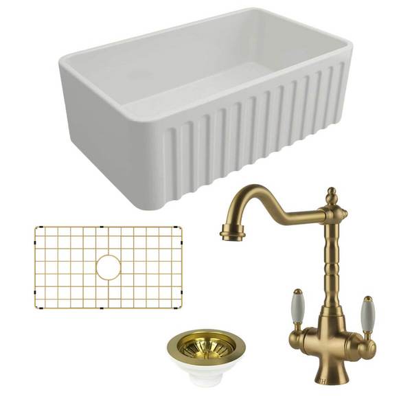 Turner Hastings Novi 75 Butler Sink Pack with Brushed Brass Providence Double Mixer Tap and Accessories PKG022