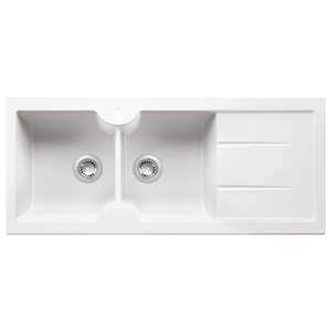 Turner Hastings Cuisine 116 x 50 Inset or Undermount Double Bowl Right Hand Drainer Sink with Tap Hole - Gloss White