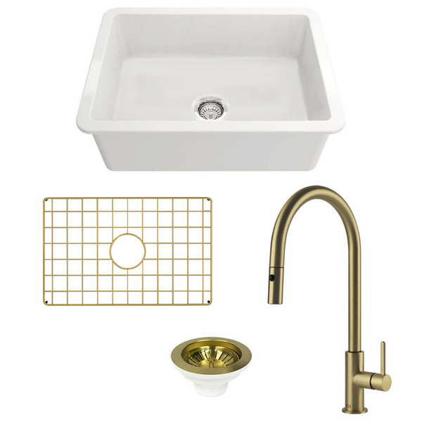 Turner Hastings Cuisine 68 Sink Pack with Brushed Brass Naples Pull Out Mixer Tap and Accessories PKG039