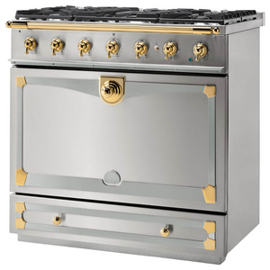 La Cornue Albertine 90cm Dual Fuel Freestanding Oven Brushed Stainless Steel with Polished Brass