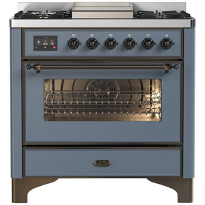 ILVE Majestic 90cm Dual Fuel 6 Burner Freestanding Oven with Fry Top Blue Grey and Burnished