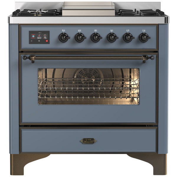 ILVE Majestic 90cm Dual Fuel 6 Burner Freestanding Oven with Fry Top Blue Grey and Burnished M09FDNE3BGB