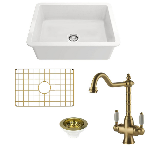 Turner Hastings Cuisine 68 Sink Pack with Brushed Brass Providence Double Mixer Tap and Accessories PKG040