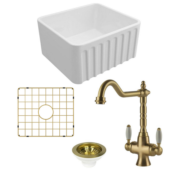 Turner Hastings Novi 50 Butler Sink Pack with Brushed Brass Providence Double Mixer Tap and Accessories PKG034