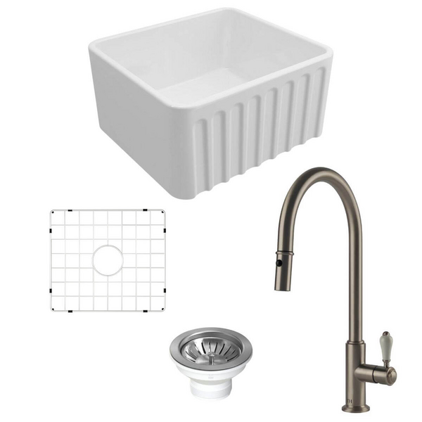 Turner Hastings Novi 50 Butler Sink Pack with Brushed Nickel Ludlow Pull Out Mixer Tap and Accessories PKG035