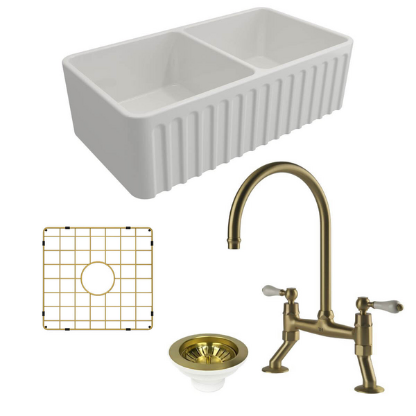 Turner Hastings Novi 85 Double Bowl Butler Sink Pack with Brushed Brass Ludlow Bridge Mixer Tap and Accessories PKG014
