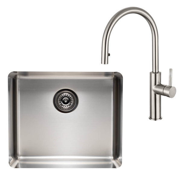 Titan Essentials 500mm Single Bowl Sink & Pull Out Gooseneck Kitchen Mixer Tap Package - Stainless Steel TSSSPK522