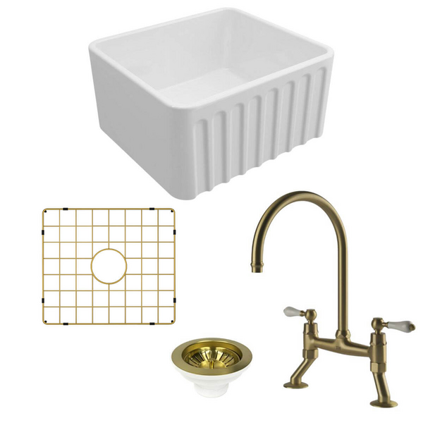 Turner Hastings Novi 50 Butler Sink Pack with Brushed Brass Ludlow Bridge Mixer Tap and Accessories PKG032