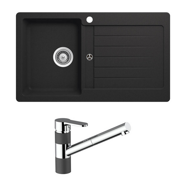 Abey Schock Typos Single Bowl Sink with Right Hand Drainer and Pull Out Kitchen Mixer Tap Pack Onyx TD100T2BL
