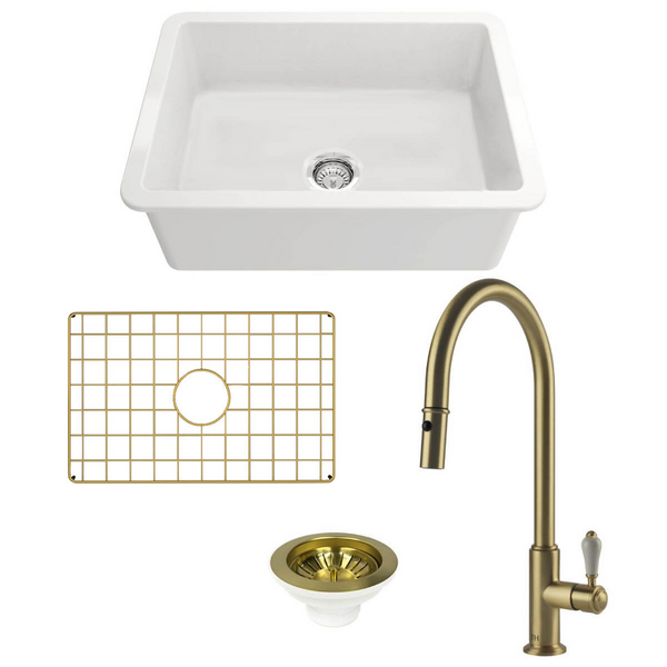 Turner Hastings Cuisine 68 Sink Pack with Brushed Brass Ludlow Pull Out Mixer Tap and Accessories PKG037