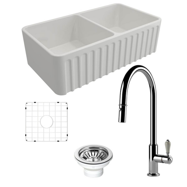 Turner Hastings Novi 85 Double Bowl Butler Sink Pack with Chrome Ludlow Pull Out Mixer Tap and Accessories PKG018