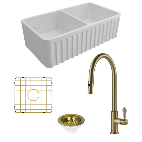 Turner Hastings Novi 85 Double Bowl Butler Sink Pack with Brushed Brass Ludlow Pull Out Mixer Tap and Accessories PKG013