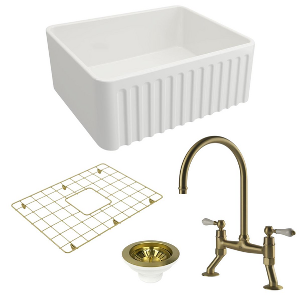 Turner Hastings Novi 60 Butler Sink Pack with Brushed Brass Providence Double Mixer Tap and Accessories PKG028