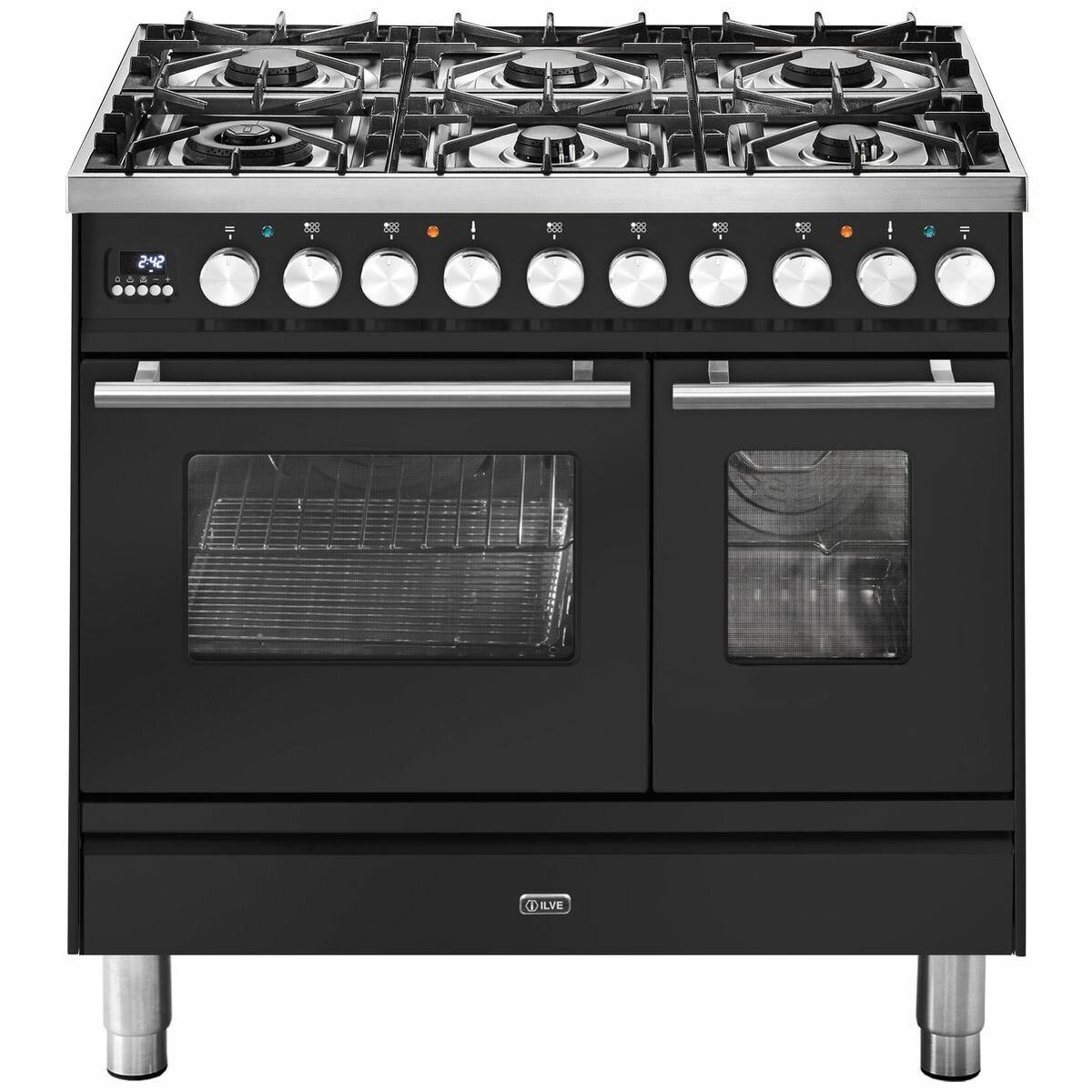 ILVE Professional Plus Series 90cm Dual Fuel Six Burner Double Oven with Milano Knobs PD096DWE3MG Winning Appliances