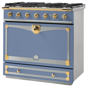 La Cornue Albertine 90cm Dual Fuel Freestanding Oven Paris Blue with Polished Brass