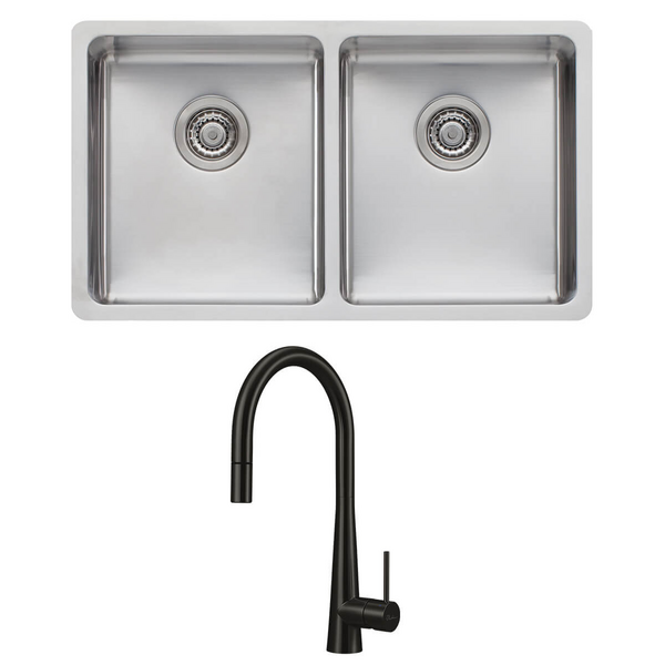 Oliveri Sonetto Double Bowl Sink and Essente Black Pull Out Tap Pack SS31625-BLSN63TU