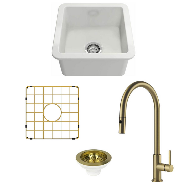 Turner Hastings Cuisine 46 Sink Pack with Brushed Brass Naples Pull Out Mixer Tap and Accessories PKG045