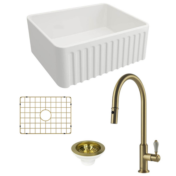 Turner Hastings Novi 60 Butler Sink Pack with Brushed Brass Ludlow Pull Out Mixer Tap and Accessories PKG025