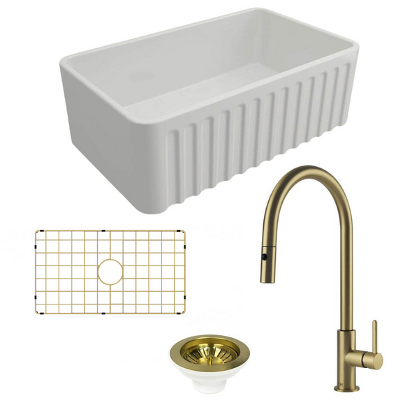 Turner Hastings Novi 75 Butler Sink Pack with Brushed Brass Naples Pull Out Mixer Tap and Accessories PKG021