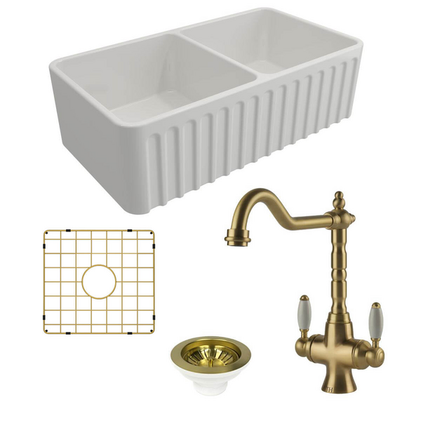Turner Hastings Novi 85 Double Bowl Butler Sink Pack with Brushed Brass Providence Double Mixer Tap and Accessories PKG016