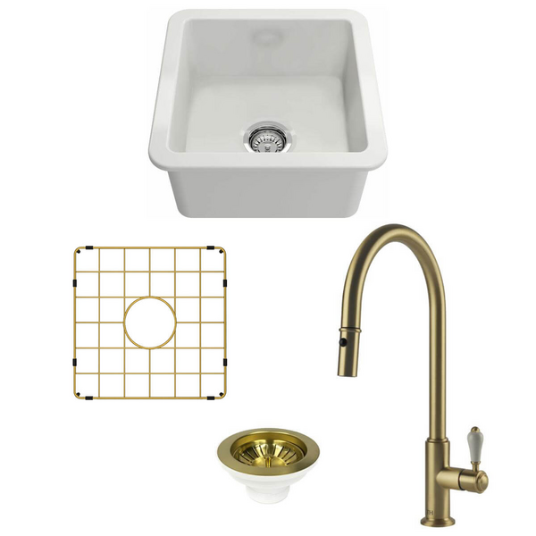 Turner Hastings Cuisine 46 Sink Pack with Brushed Brass Ludlow Pull Out Mixer Tap and Accessories PKG043