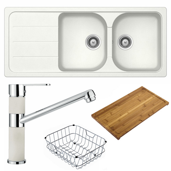 Abey Schock Formhaus Double Sink & Armando Vicario Mixer Tap - Alpina with Accessories FD200LWT
