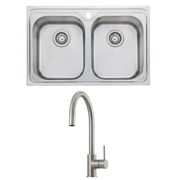 Oliveri Diaz Double Bowl Sink and Venice Brushed Nickel Pull Out Tap Pack VE520FBN-PDZ23TU