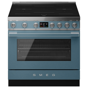 Smeg 90cm Portofino Induction Pyrolytic Freestanding Oven Storm Blue