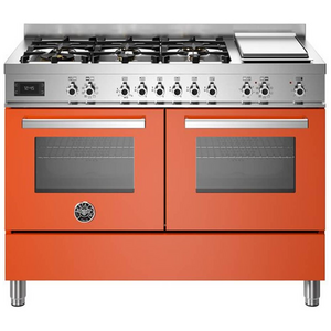Bertazzoni 120cm Professional Dual Fuel Orange Freestanding Oven with Griddle