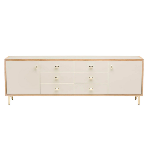De La Espada Classon Sideboard 2 Door x 6 Drawer - White Oiled Oak and Bone Satin Matte 052MWOOBSM