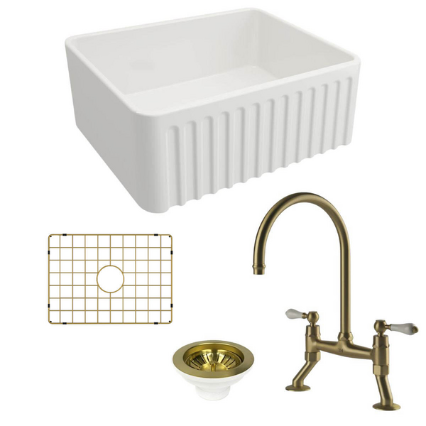 Turner Hastings Novi 60 Butler Sink Pack with Brushed Brass Ludlow Bridge Mixer Tap and Accessories PKG026