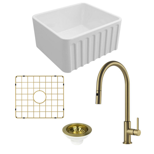 Turner Hastings Novi 50 Butler Sink Pack with Brushed Brass Naples Pull Out Mixer Tap and Accessories PKG033
