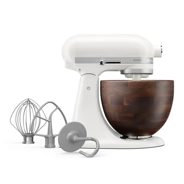 KitchenAid KSM156 Artisan Stand Mixer White with Walnut Wood Bowl 5KSM156WBAPL
