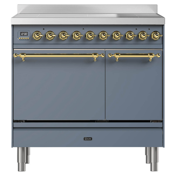 ILVE Nostalgie 90cm Electric Freestanding Double Oven/Stove Blue Grey and Brass PDI096QNE3-BGG