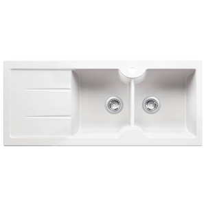 Turner Hastings Cuisine 116 x 50 Inset or Undermount Double Bowl Left Hand Drainer Sink with Tap Hole - Gloss White