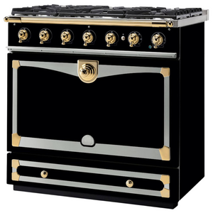 La Cornue Albertine 90cm Dual Fuel Freestanding Oven Shiny Black with Polished Brass