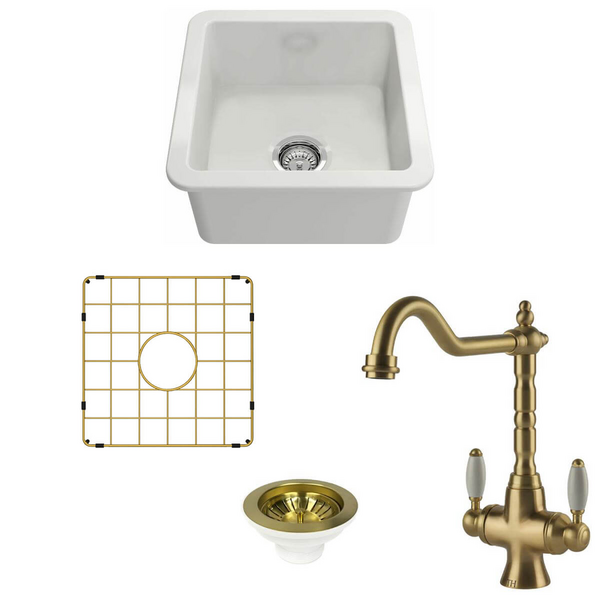 Turner Hastings Cuisine 46 Sink Pack with Brushed Brass Providence Double Mixer Tap and Accessories PKG046