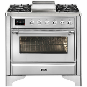 ILVE Majestic 90cm Dual Fuel 6 Burner Freestanding Oven with Fry Top Stainless Steel and Chrome