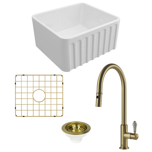 Turner Hastings Novi 50 Butler Sink Pack with Brushed Brass Ludlow Pull Out Mixer Tap and Accessories PKG031