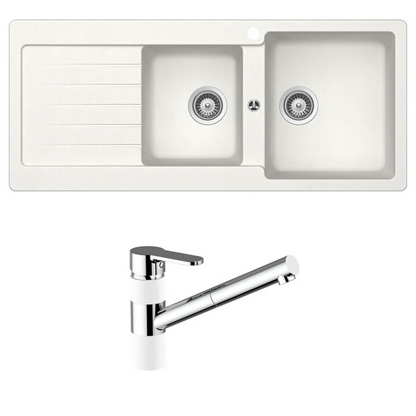 Abey Schock Typos 1 & 3/4 Bowl Sink with Left Hand Drainer and Kitchen Mixer Tap Pack Alpina TD200T2WR