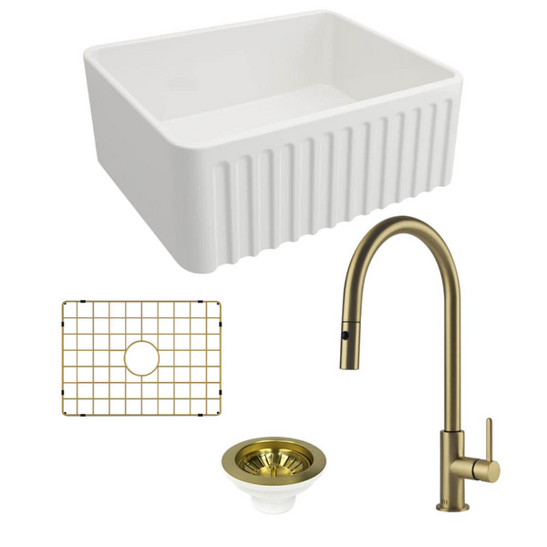 Turner Hastings Novi 60 Butler Sink Pack with Brushed Brass Naples Pull Out Mixer Tap and Accessories PKG027