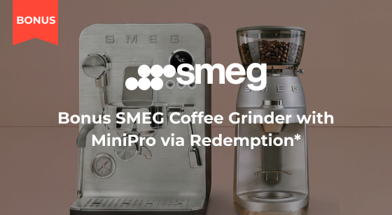 Purchase a selected Smeg MiniPro Coffee Machine and claim a Bonus Smeg Coffee Grinder