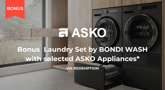 Purchase a selected ASKO Laundry Appliance to claim a Bonus Laundry Set by BONDI WASH