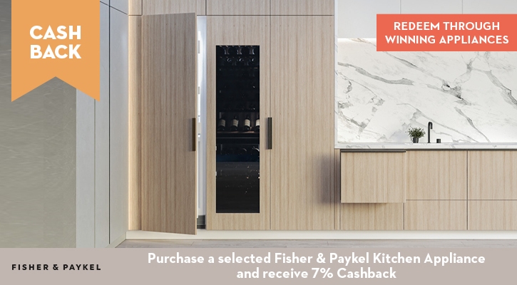 Purchase a selected Fisher and Paykel Kitchen Appliance and receive 7% Cashback