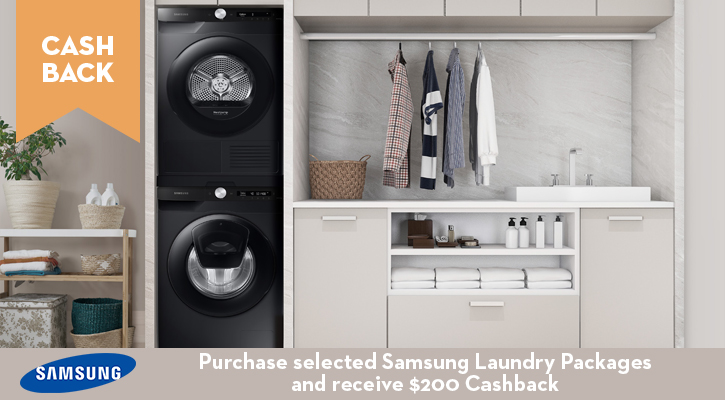Purchase selected Samsung Laundry Packages and receive $200 Cashback