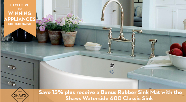 Save 15% plus receive a Bonus Rubber Sink Mat with a selected Shaws Sink