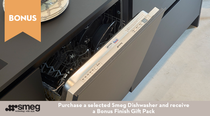 Purchase a selected Smeg Dishwasher and receive a Bonus Finish Gift Pack